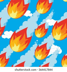 Meteor shower seamless pattern. falling Comet oranment. Texture of fireball. Flying meteorite ornament. Outer body of fire flies. Cosmic threat of destruction
