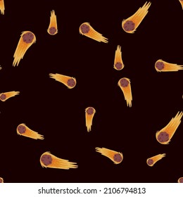 Meteor shower seamless pattern. Hand drawn comets fly background. Repeated texture in doodle style for fabric, wrapping paper, wallpaper, tissue. Vector illustration.