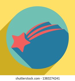 Meteor shower sign. Sunset orange icon with llapis lazuli shadow inside medium aquamarine circle with different goldenrod shadow at royal yellow background.