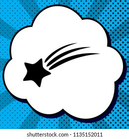 Meteor shower sign. Vector. Black icon in bubble on blue pop-art background with rays.