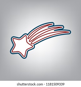 Meteor shower sign. Vector. Dark red, transparent and midnight green stroke of white icon at grayish background.