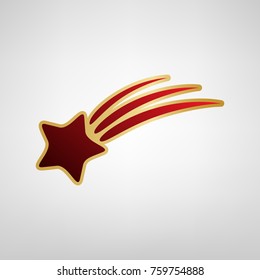 Meteor shower sign. Vector. Red icon on gold sticker at light gray background.
