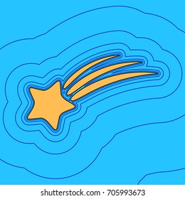 Meteor shower sign. Vector. Sand color icon with black contour and equidistant blue contours like field at sky blue background. Like waves on map - island in ocean or sea.