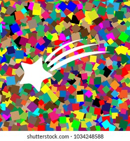 Meteor shower sign. Vector. White icon on colorful background with seamless pattern from squares.