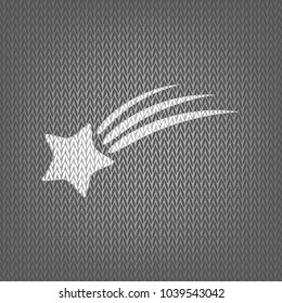 Meteor shower sign. Vector. White knitted icon on gray knitted background. Isolated.