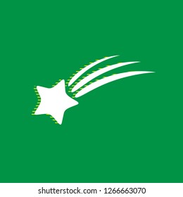 Meteor shower sign. Vector. White flat icon with yellow striped shadow at green background.