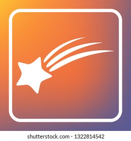 Meteor shower sign. Vector. White icon on transparent button at orange-violet gradient background.