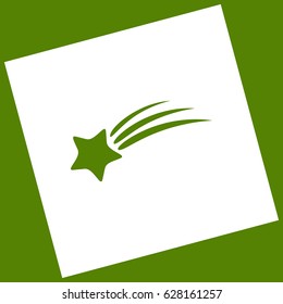 Meteor shower sign. Vector. White icon obtained as a result of subtraction rotated square and path. Avocado background.