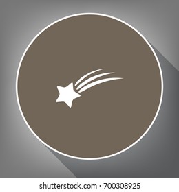 Meteor shower sign. Vector. White icon on brown circle with white contour and long shadow at gray background. Like top view on postament.