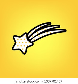 Meteor shower sign. Vector. Yellow polka dot white icon with black contour at warm yellow background.
