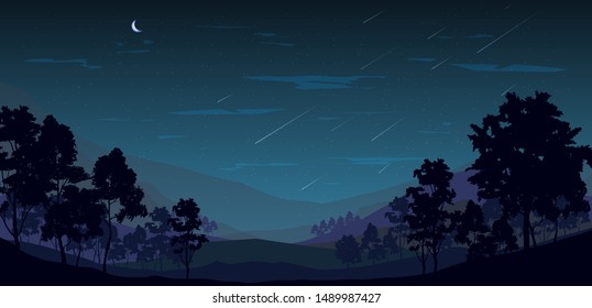 meteor shower in the valley, vector nature illustration. mountains and forest landscape, new moon and starry sky above