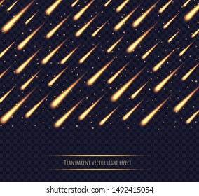 Meteor Shower, Yellow Shooting Stars, Fire Comets, Asteroids In The Night Sky Isolated On Transparent Background. Celestial Event Vector Light Effect.