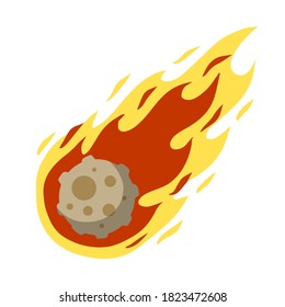 Meteor with trail of fire. Big asteroid. Stars and astronomy. Celestial object. Flying in sky. Cartoon flat illustration. Comet with tail. Dangerous space object