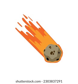 Meteor with trail of fire. Cartoon flat illustration. Comet with tail. Dangerous space object. Big asteroid. Stars and astronomy. Celestial object. Flying in sky