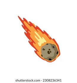 Meteor with trail of fire. Cartoon flat illustration. Comet with tail. Dangerous space object. Big asteroid. Stars and astronomy. Celestial object. Flying in sky