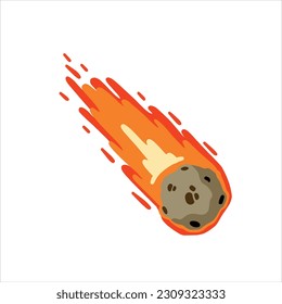 Meteor with trail of fire. Cartoon flat illustration. Comet with tail. Dangerous space object. Big asteroid. Stars and astronomy. Celestial object. Flying in sky