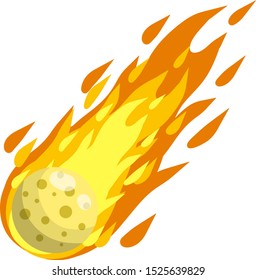 Meteor with trail of fire. Celestial object. Flying in sky. Stars and astronomy. Cartoon flat illustration. Comet with tail. Dangerous space object. Big asteroid