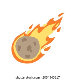 Meteor with trail of fire. Comet with tail. Dangerous space object. Big asteroid. Cartoon flat illustration. Flying in sky. Stars and astronomy. Celestial object