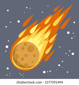 Meteor with trail of fire. Dangerous space object. Comet with tail. Celestial object. Flying in sky. Stars and astronomy. Cartoon flat illustration. Big asteroid