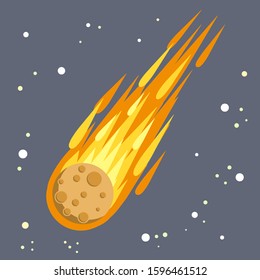 Meteor with trail of fire. Dangerous space object. Comet with tail. Celestial object. Flying in sky. Stars and astronomy. Cartoon flat illustration. Big asteroid