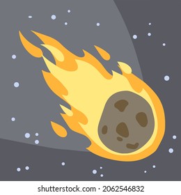 Meteor with trail of fire. Dangerous space object. Big asteroid. Comet with tail. Celestial object. Flying in sky. Stars and astronomy. Cartoon flat illustration