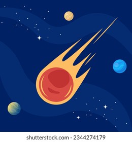 Meteor with trail of fire. Dangerous space object. Big asteroid. Comet with tail. Vector illustration