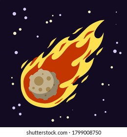 Meteor with trail of fire. Flying in sky. Stars and astronomy. Cartoon flat illustration. Big asteroid. Dangerous space object. Comet with tail. Celestial object