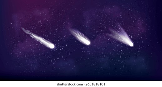 Meteor trail in the night sky. Shooting star isolated. Meteorite burns in the atmosphere.