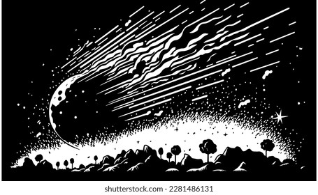 Meteor vector black line illustration isolated white. Sketch art
