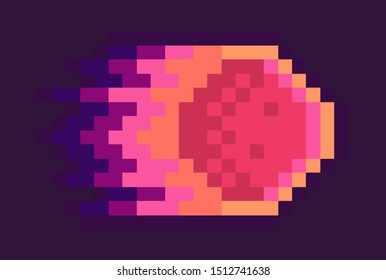 Meteor vector, isolated icon of falling asteroid in fire, pixelated graphics of element of 8 or 16 bit game, pixel art celestial body destruction