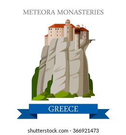 Meteora Monasteries Greek Orthodox in Greece. Flat cartoon style historic sight showplace attraction web site vector illustration. World countries cities vacation travel sightseeing collection.