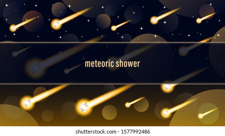 Meteoric shower with light effect on night starry sky. Horizontal web design banner. Vector illustration stock. 