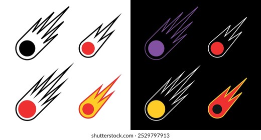 Ícone de meteorito ou cometa. Símbolo de espaço ou apocalipse. Corpo celeste voador ou ardente. Pista de fogo no céu.