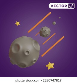 3D-Vektorsymbol-Set für Meteoritencrash auf violettem Hintergrund