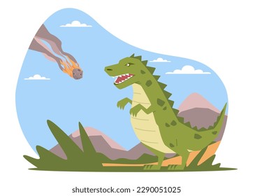 Meteorite falling to Earth and making dinosaurs extinct. Planet evolution. Asteroid explosion. Prehistoric era. Childish book or print. Cartoon flat style isolated dino vector concept