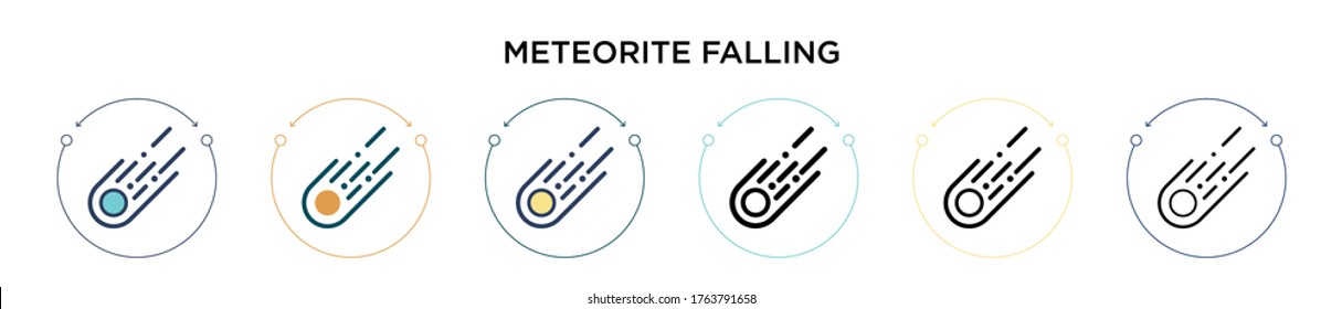 Meteorite falling icon in filled, thin line, outline and stroke style. Vector illustration of two colored and black meteorite falling vector icons designs can be used for mobile, ui, web