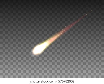 Meteorite falling realistic on an isolated transparent background. Shooting star, flying comet. Vector illustration of a falling fire meteorite with a tail.