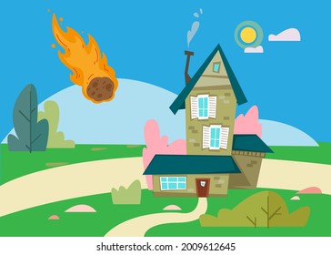 A Meteorite Falls On The House. Cartoon Illustration Of The Apocalypse. The Burning Stone Flies To The City.