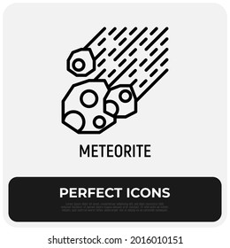 Meteorite, fireball, meteor, asteroid thin line icon. Natural disaster, catastrophe, apocalypse. Vector illustration.