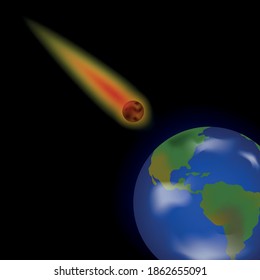 Meteorite flying to the ground. Apocalypse and Armageddon. Cosmic catastrophe. Planet Earth. Vector illustration.