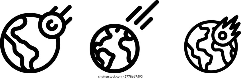 Meteorite hitting earth globe line icon set. Natural disaster doomsday vector illustration.