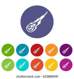 Meteorite icons set in circle isolated flat vector illustration