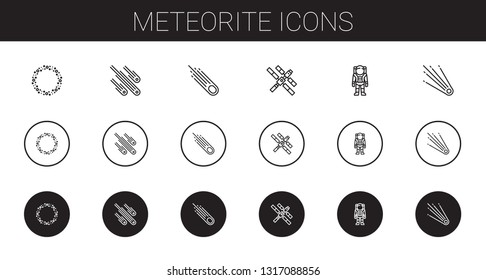 meteorite icons set. Collection of meteorite with asteroid, meteorites, space station, astronaut, comet. Editable and scalable meteorite icons.