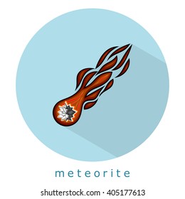 Meteorite on a blue circle. Flat icon meteorite with fire. Simple vector illustration.