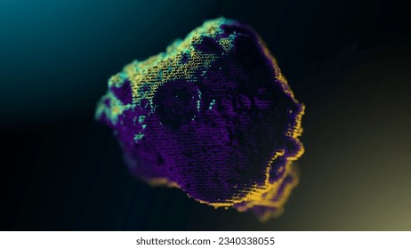 Meteorite on a dark background in backlight, with depth of field. space mission. Mining. Realistic purple stone with craters, similar to a meteorite, composed of scan points. 