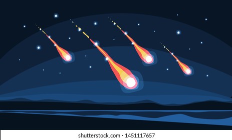 Meteorite rain concept. Meteor falling on planet, natural disaster. Apocalypse and earth destruction. Vector illustration in cartoon style