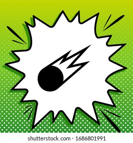 Meteorite sign. Black Icon on white popart Splash at green background with white spots. Illustration.
