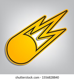 Meteorite sign. Flat orange icon with overlapping linear black icon with gray shadow at whitish background. Illustration.