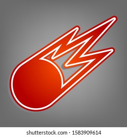 Meteorite sign. Flat red icon with linear white icon with gray shadow at grayish background. Illustration.