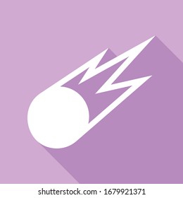 Meteorite sign. White Icon with long shadow at purple background. Illustration.